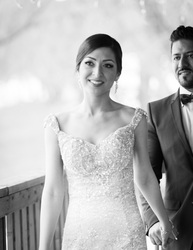 black and white outside photo of wedding couple