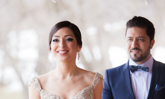 bride and groom walking outside