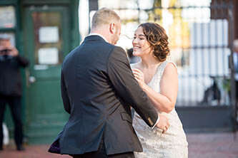 first look of bride and groom at distillery in Toronto