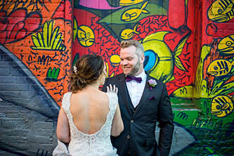 fall wedding grafitti wall at Queen street and Spadina in Toronto